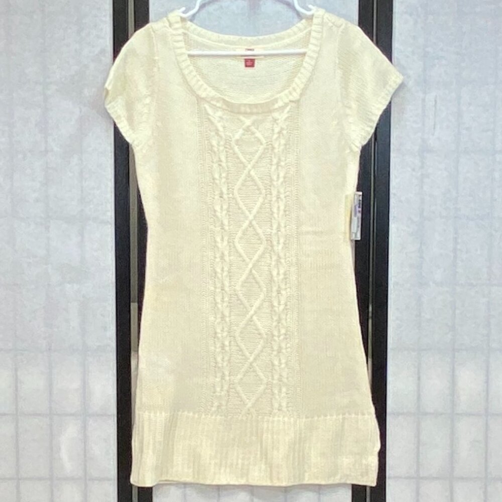 LEI Ivory Cable Knit Delores Sweater Dress Y2K Cap Sleeve Scoop Neck L NEW
